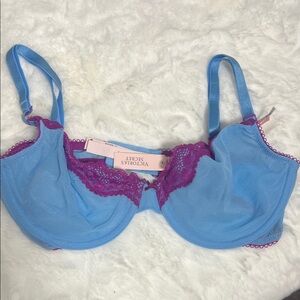 Victoria's Secret Blue Bra with Magenta Lace Trim 34D